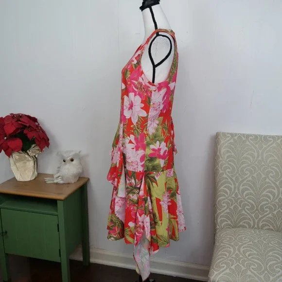 N Natori Asymmetrical Ruffle Tropical Dress Size 8 NWOT Bright Floral Sleeveless - Picture 9 of 10